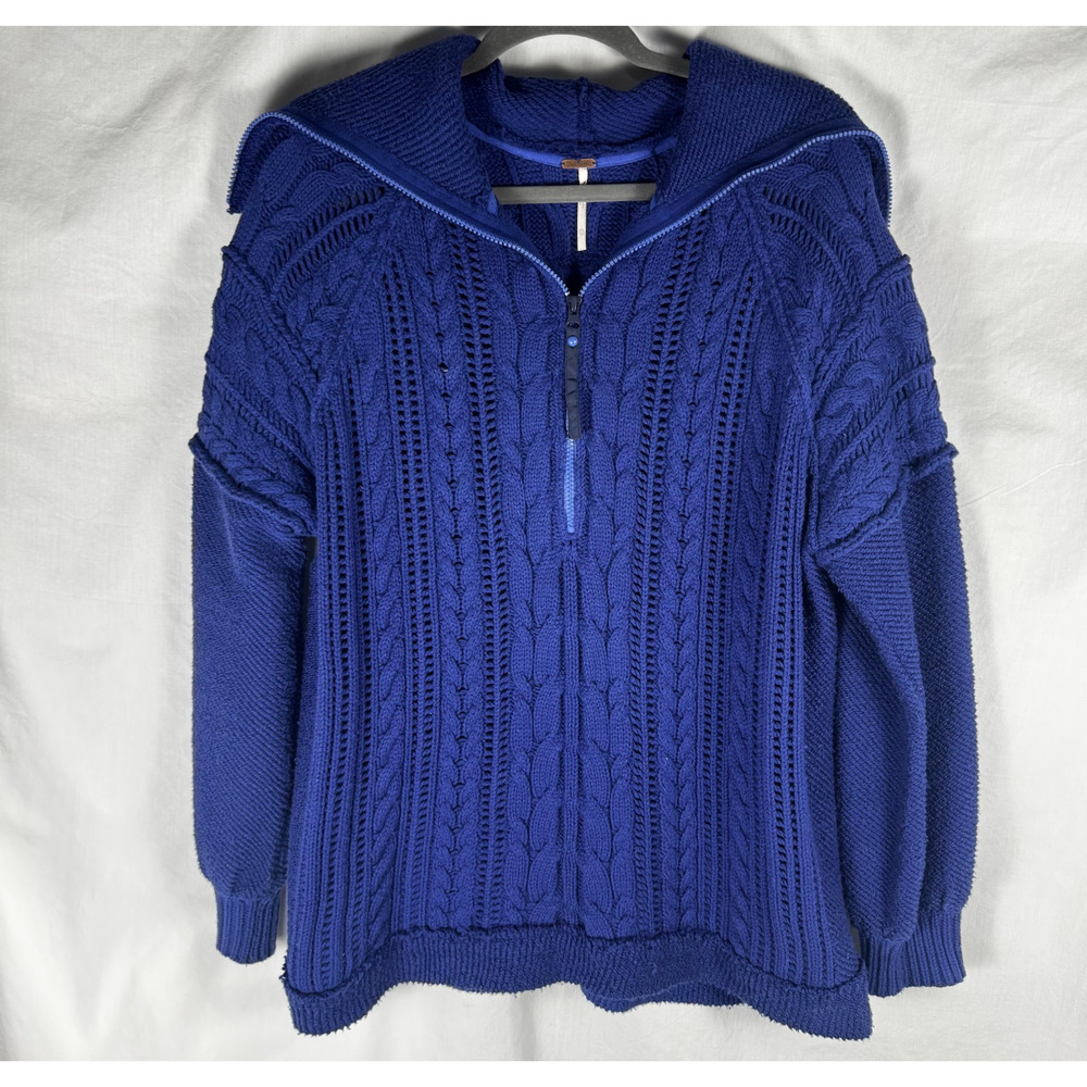 Free People Sunshine Slope Sweater Womens XS Blue Chunky Knit Half Zip Cowl Neck